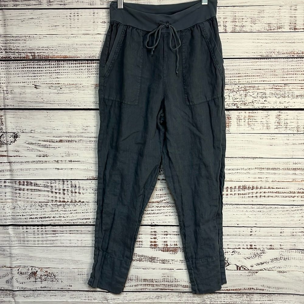 FLAX Womens 100% Linen Cropped Pant Drawstring Pockets Gray Lagenlook Beach P XS